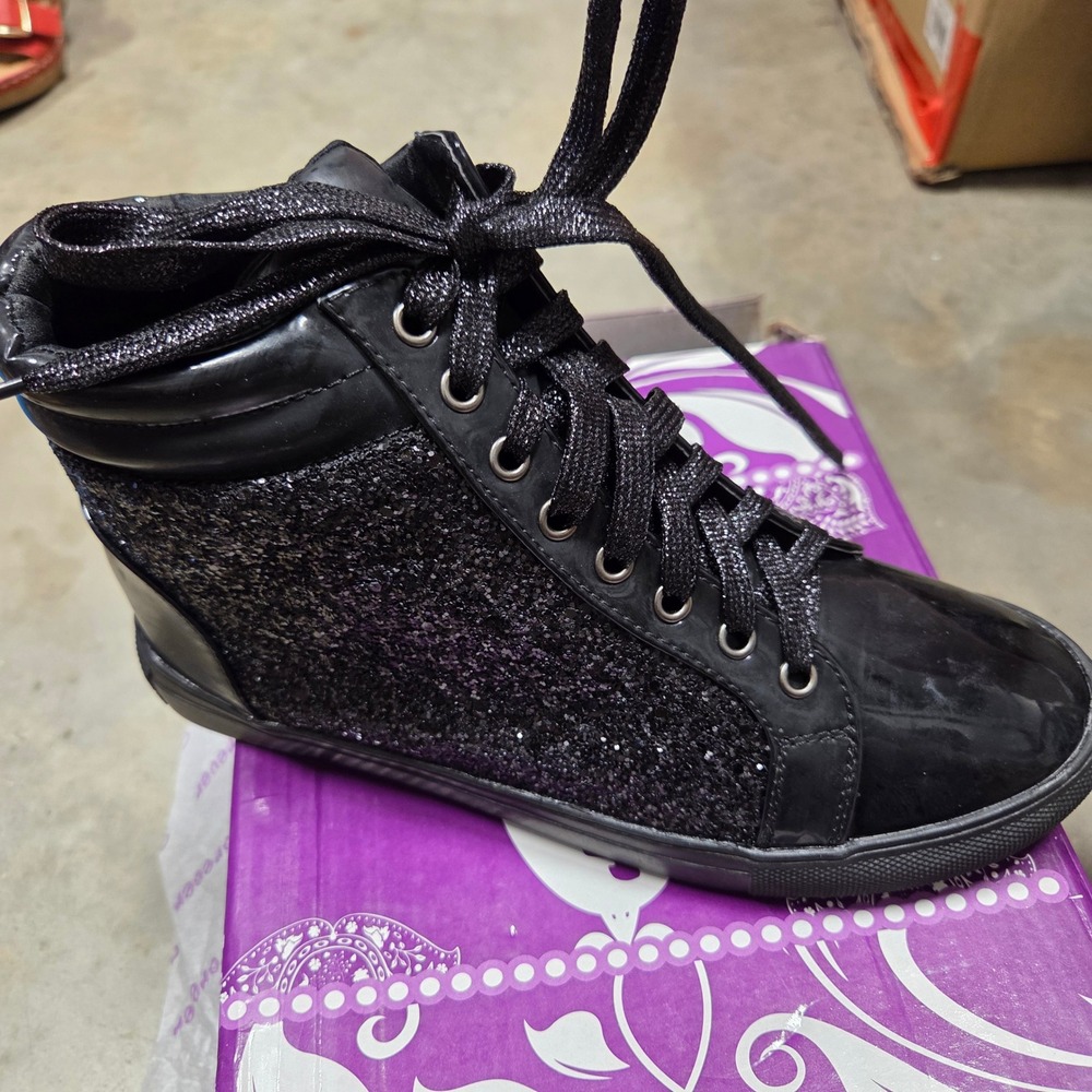 Forever Sparkle 25 Black Glitter High Top Fashion Sneakers Size 6